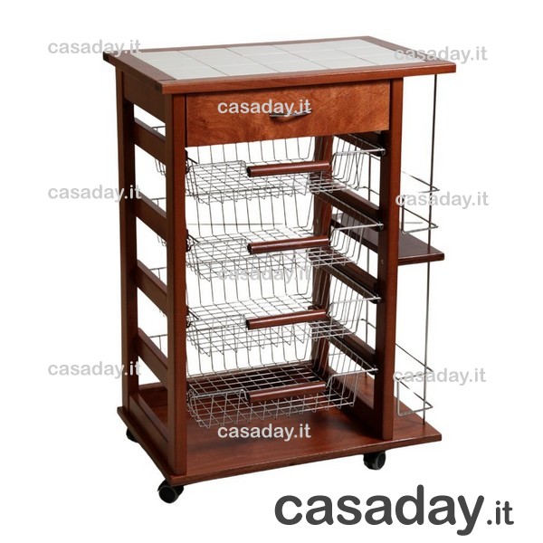 CARRELLO LEGNO C/CASSETTO PORTAPANE+BOTTIGLIE NOCE 